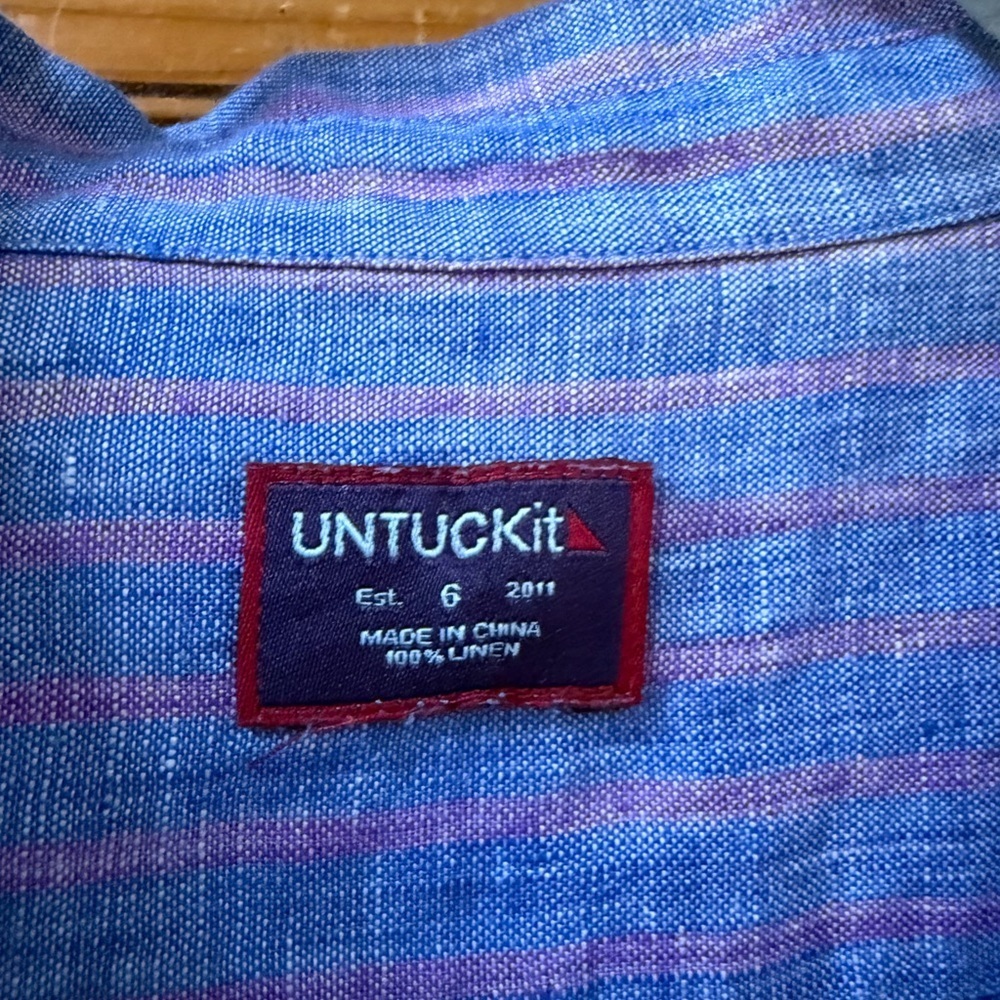 UNTUCKIT blue 100% Linen button up long sleeve with stripes women’s size 6 - Picture 3 of 4